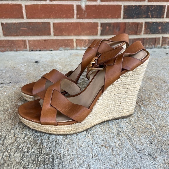 MICHAEL Michael Kors Women’s Brown Leather Open Toe Espadrille Wedge Heels - Picture 6 of 14